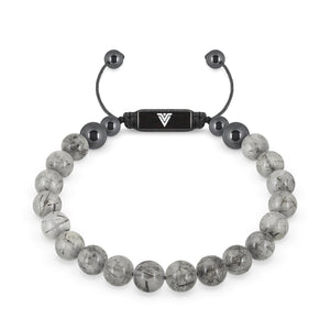 Front view of an 8mm Tourmalinated Quartz crystal beaded shamballa bracelet with black stainless steel logo bead made by Voltlin