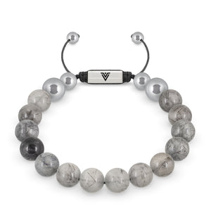 Front view of a 10mm Tourmalinated Quartz beaded shamballa bracelet with silver stainless steel logo bead made by Voltlin