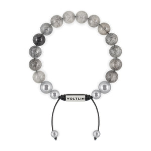 Top view of a 10mm Tourmalinated Quartz beaded shamballa bracelet with silver stainless steel logo bead made by Voltlin