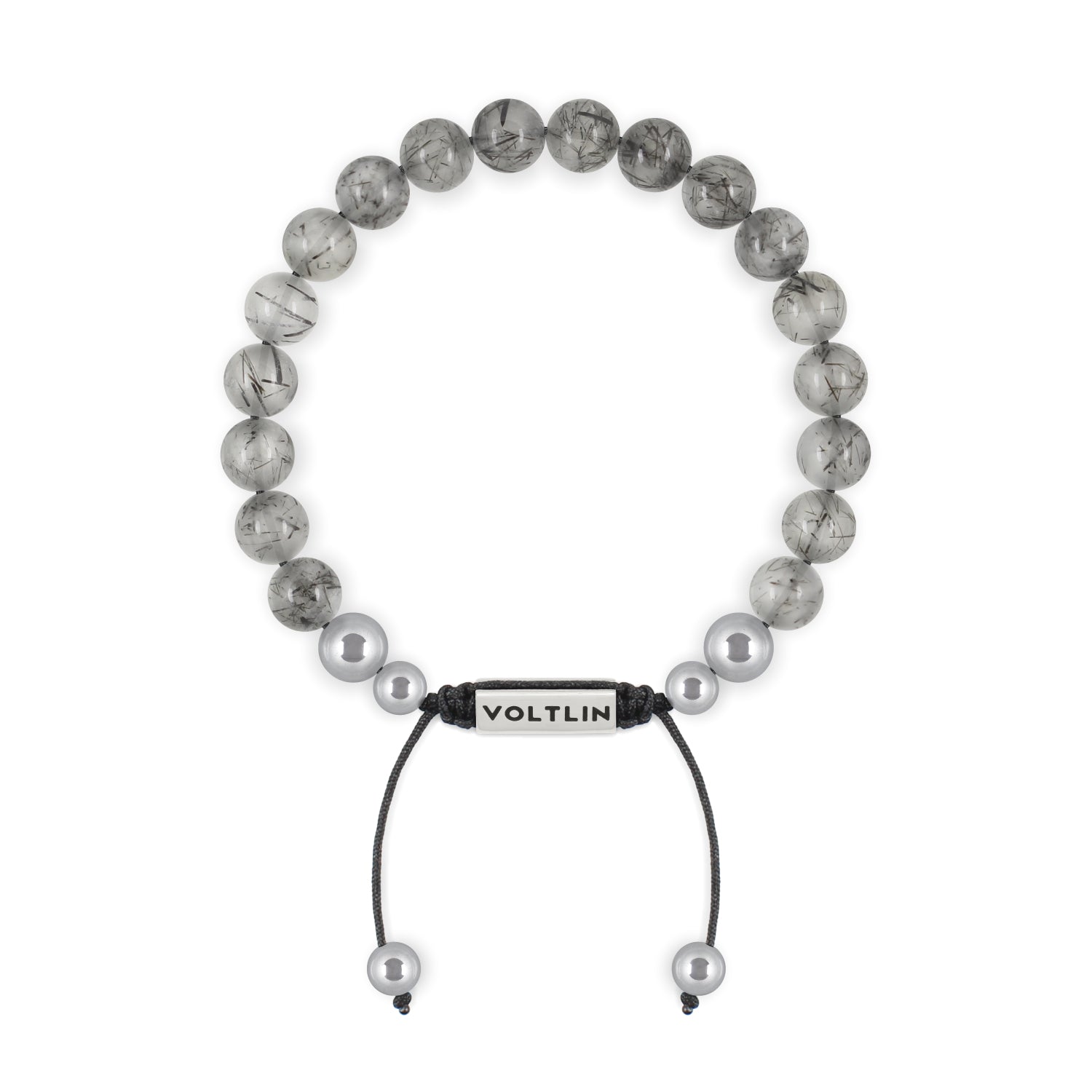 Front view of an 8mm Tourmalinated Quartz beaded shamballa bracelet with silver stainless steel logo bead made by Voltlin