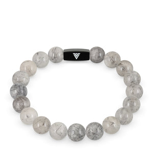 Front view of a 10mm Tourmalinated Quartz crystal beaded stretch bracelet with black stainless steel logo bead made by Voltlin