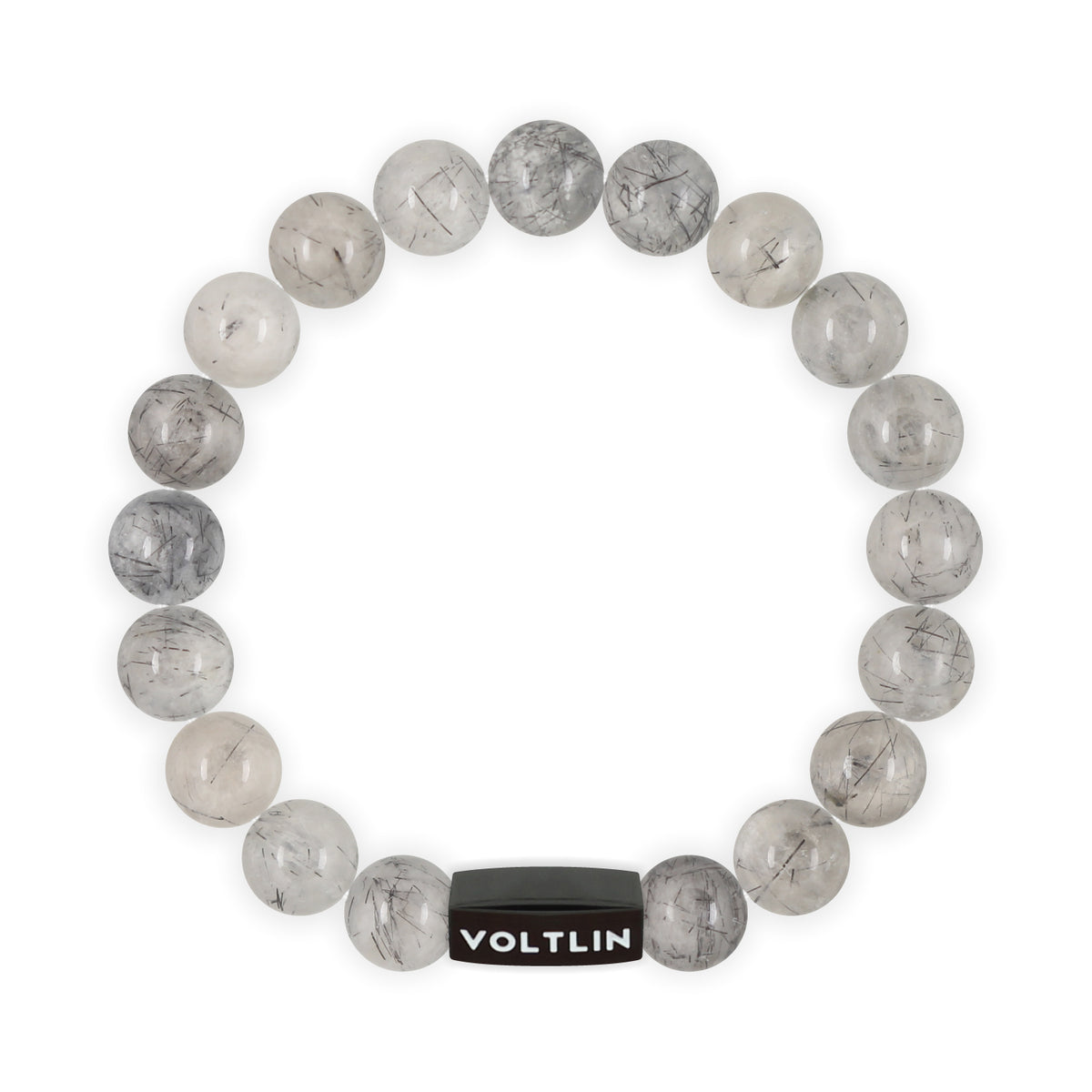 Top view of a 10mm Tourmalinated Quartz crystal beaded stretch bracelet with black stainless steel logo bead made by Voltlin