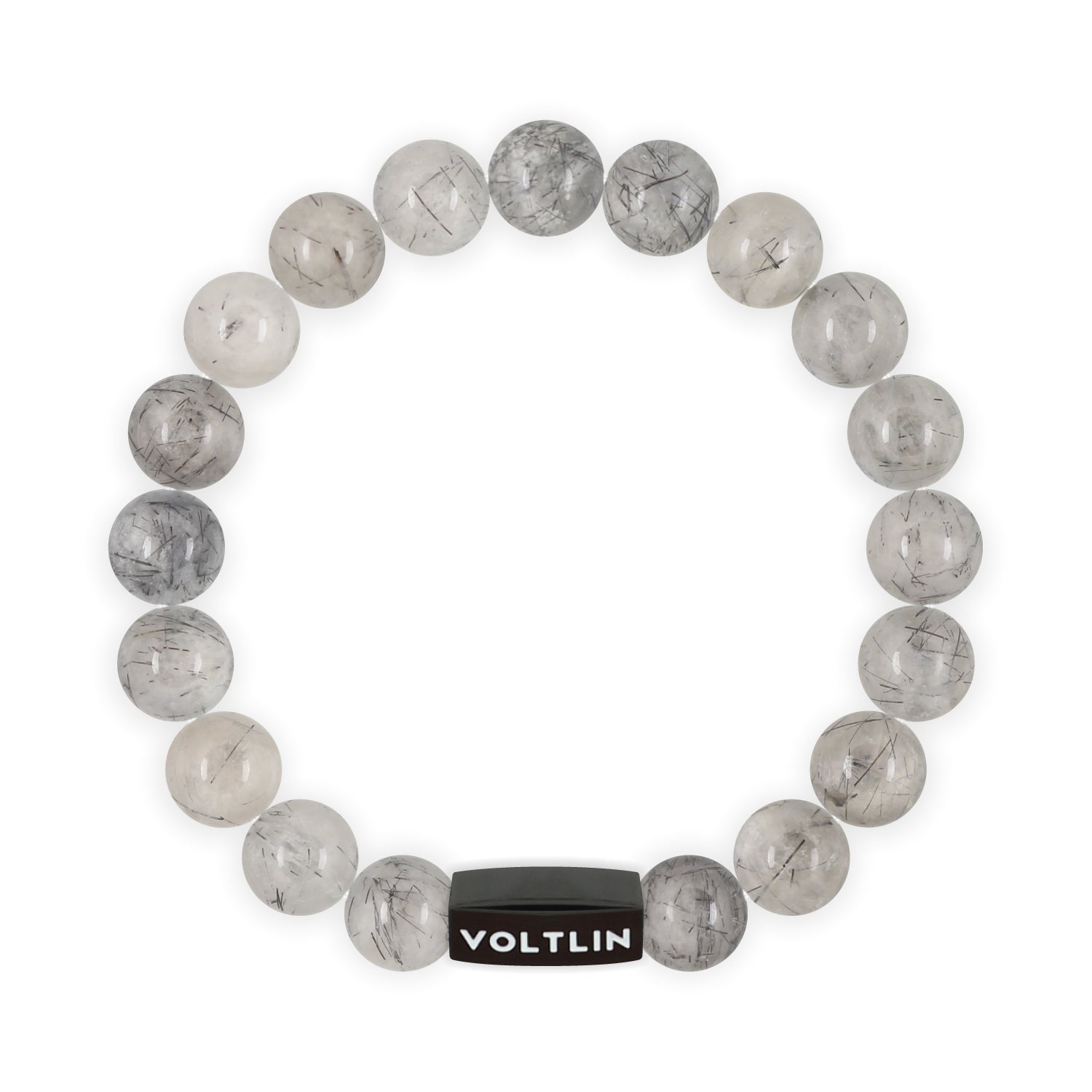 Top view of a 10mm Tourmalinated Quartz crystal beaded stretch bracelet with black stainless steel logo bead made by Voltlin