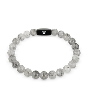Front view of an 8mm Tourmalinated Quartz crystal beaded stretch bracelet with black stainless steel logo bead made by Voltlin
