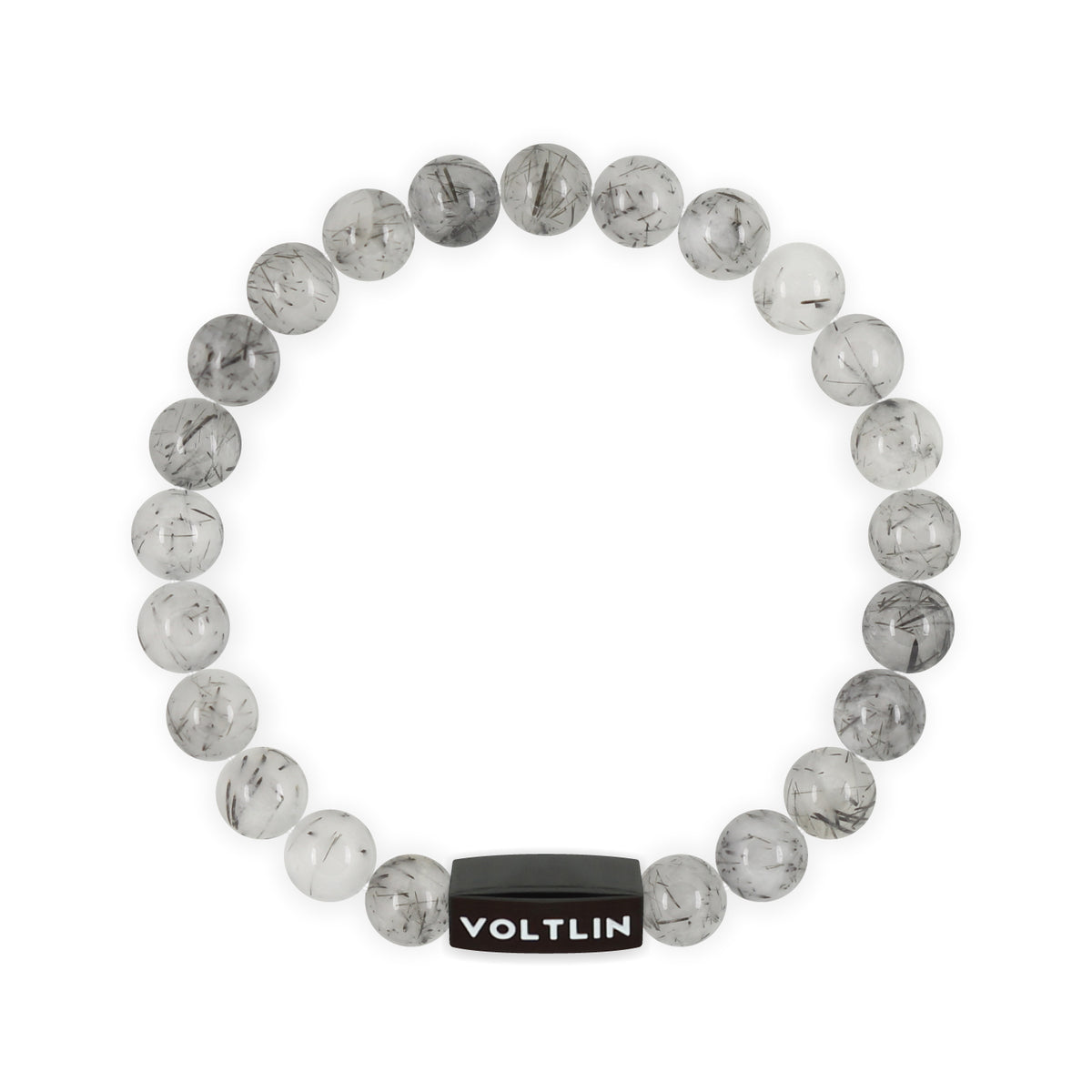 Top view of an 8mm Tourmalinated Quartz crystal beaded stretch bracelet with black stainless steel logo bead made by Voltlin