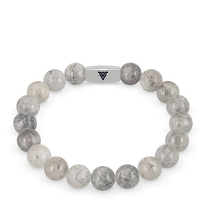 Front view of a 10mm Tourmalinated Quartz beaded stretch bracelet with silver stainless steel logo bead made by Voltlin