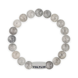 Top view of a 10mm Tourmalinated Quartz beaded stretch bracelet with silver stainless steel logo bead made by Voltlin