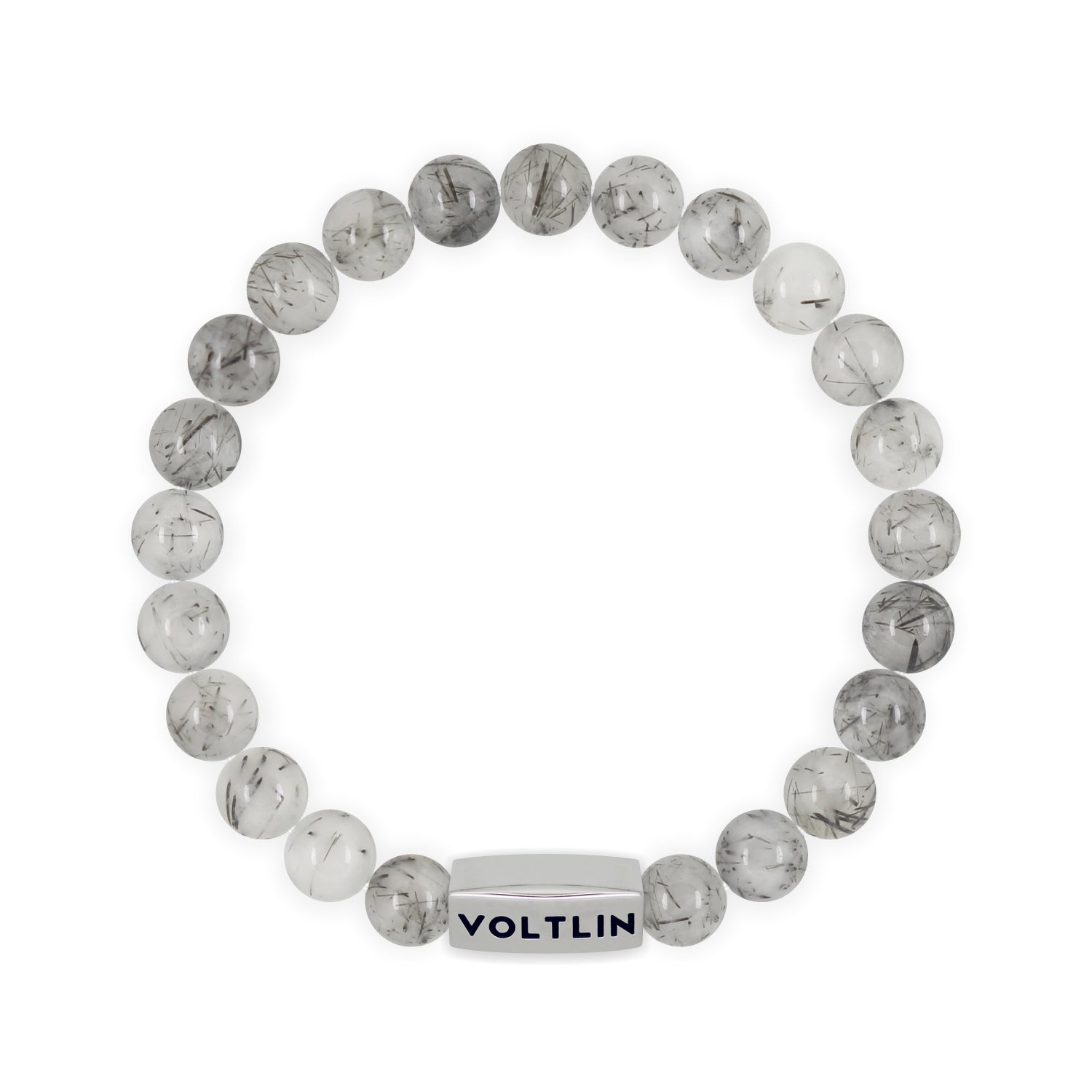 Front view of an 8mm Tourmalinated Quartz beaded stretch bracelet with silver stainless steel logo bead made by Voltlin