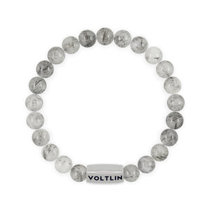 Top view of an 8mm Tourmalinated Quartz beaded stretch bracelet with silver stainless steel logo bead made by Voltlin