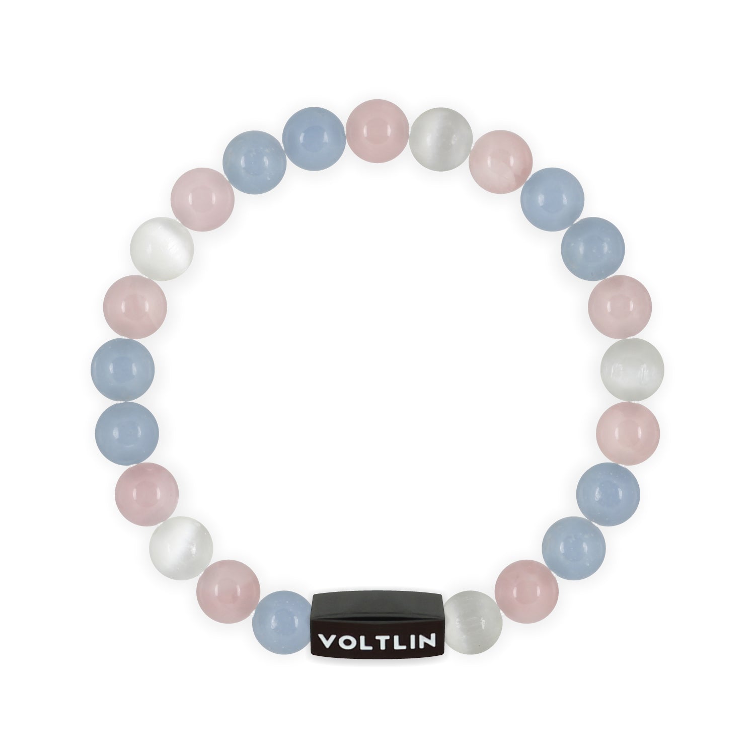 Top view of an 8mm Trans Pride crystal beaded stretch bracelet with black stainless steel logo bead made by Voltlin