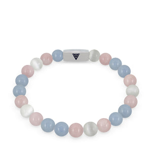 Front view of an 8mm Trans Pride beaded stretch bracelet with silver stainless steel logo bead made by Voltlin