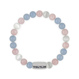 Top view of an 8mm Trans Pride beaded stretch bracelet with silver stainless steel logo bead made by Voltlin