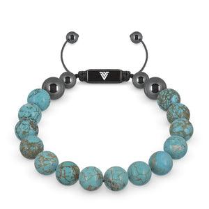Front view of a 10mm Turquoise crystal beaded shamballa bracelet with black stainless steel logo bead made by Voltlin