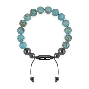 Top view of a 10mm Turquoise crystal beaded shamballa bracelet with black stainless steel logo bead made by Voltlin