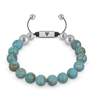 Front view of a 10mm Turquoise beaded shamballa bracelet with silver stainless steel logo bead made by Voltlin