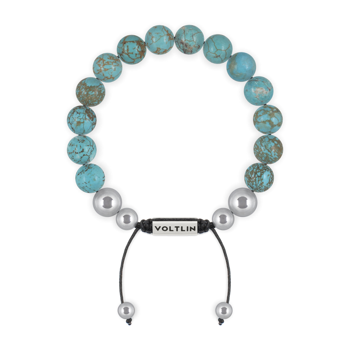 Top view of a 10mm Turquoise beaded shamballa bracelet with silver stainless steel logo bead made by Voltlin