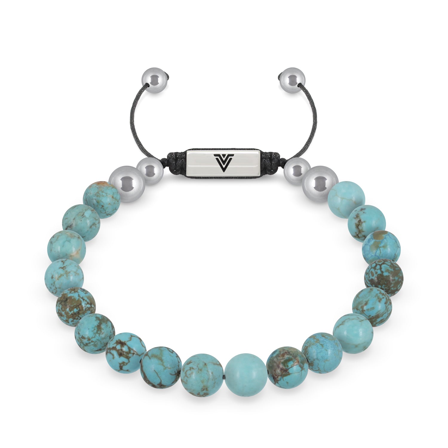 Front view of an 8mm Turquoise beaded shamballa bracelet with silver stainless steel logo bead made by Voltlin