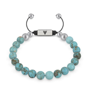 Front view of an 8mm Turquoise beaded shamballa bracelet with silver stainless steel logo bead made by Voltlin