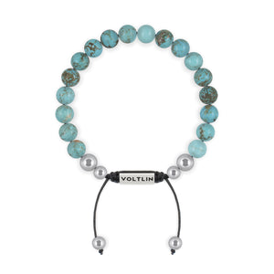 Top view of an 8mm Turquoise beaded shamballa bracelet with silver stainless steel logo bead made by Voltlin