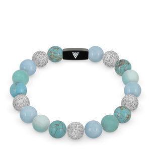Front view of a 10 mm Turquoise Sirius beaded stretch bracelet featuring Turquoise, Silver Pave, Aquamarine, & Matte Amazonite crystal and black stainless steel logo bead made by Voltlin