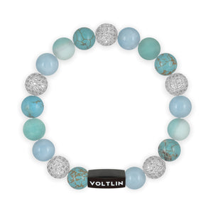 Top view of a 10 mm Turquoise Sirius beaded stretch bracelet featuring Turquoise, Silver Pave, Aquamarine, & Matte Amazonite crystal and black stainless steel logo bead made by Voltlin