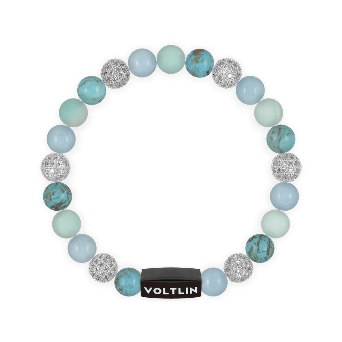 Top view of an 8 mm Turquoise Sirius beaded stretch bracelet featuring Turquoise, Silver Pave, Aquamarine, & Matte Amazonite crystal and black stainless steel logo bead made by Voltlin