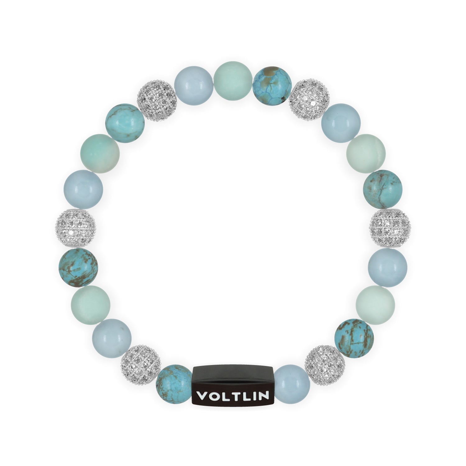 Top view of an 8 mm Turquoise Sirius beaded stretch bracelet featuring Turquoise, Silver Pave, Aquamarine, & Matte Amazonite crystal and black stainless steel logo bead made by Voltlin