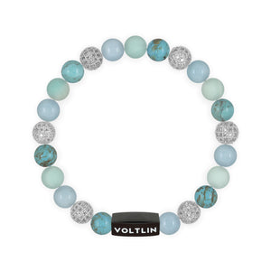 Top view of an 8 mm Turquoise Sirius beaded stretch bracelet featuring Turquoise, Silver Pave, Aquamarine, & Matte Amazonite crystal and black stainless steel logo bead made by Voltlin