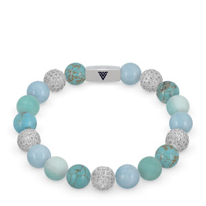 Front view of a 10mm Turquoise Sirius beaded stretch bracelet featuring Turquoise, Silver Pave, Aquamarine, & Matte Amazonite crystal and silver stainless steel logo bead made by Voltlin