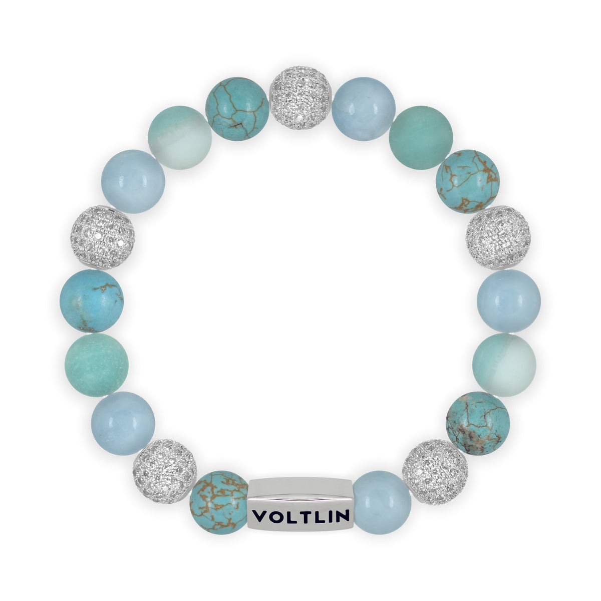 Top view of a 10mm Turquoise Sirius beaded stretch bracelet featuring Turquoise, Silver Pave, Aquamarine, & Matte Amazonite crystal and silver stainless steel logo bead made by Voltlin