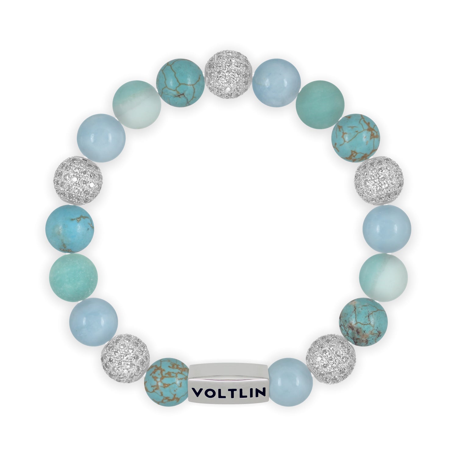 Top view of a 10mm Turquoise Sirius beaded stretch bracelet featuring Turquoise, Silver Pave, Aquamarine, & Matte Amazonite crystal and silver stainless steel logo bead made by Voltlin