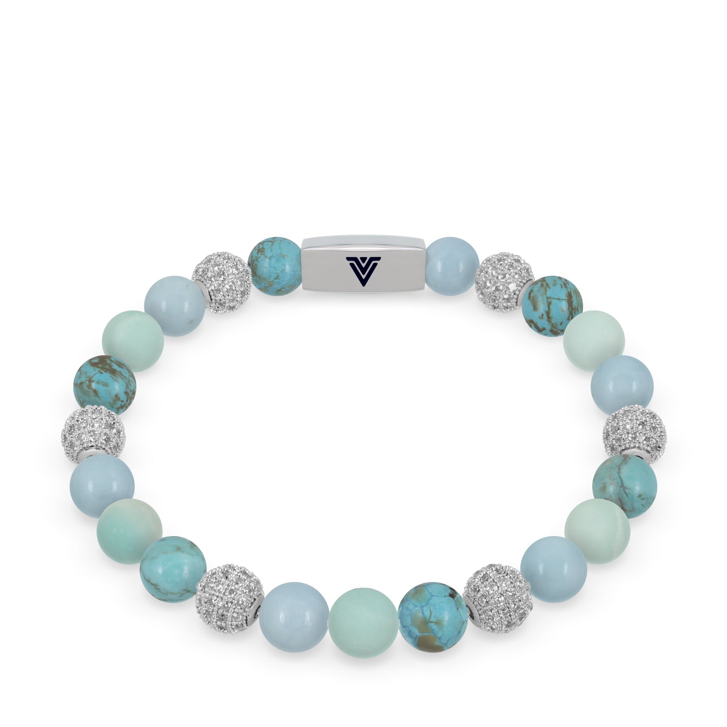 Front view of an 8mm Turquoise Sirius beaded stretch bracelet featuring Turquoise, Silver Pave, Aquamarine, & Matte Amazonite crystal and silver stainless steel logo bead made by Voltlin