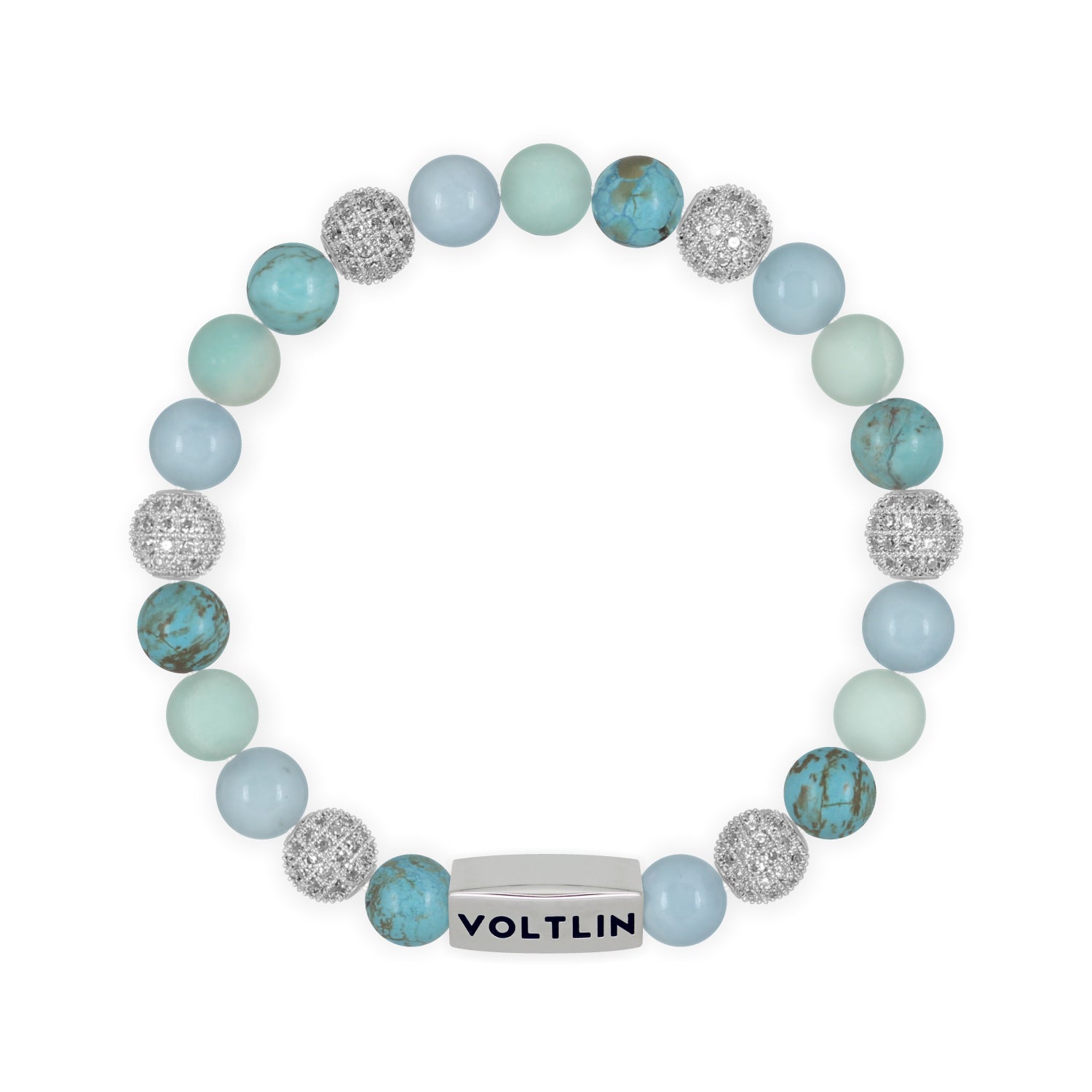 Front view of an 8mm Turquoise Sirius beaded stretch bracelet featuring Turquoise, Silver Pave, Aquamarine, & Matte Amazonite crystal and silver stainless steel logo bead made by Voltlin