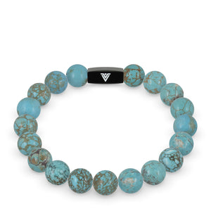 Front view of a 10mm Turquoise crystal beaded stretch bracelet with black stainless steel logo bead made by Voltlin