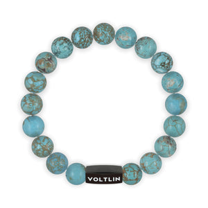 Top view of a 10mm Turquoise crystal beaded stretch bracelet with black stainless steel logo bead made by Voltlin