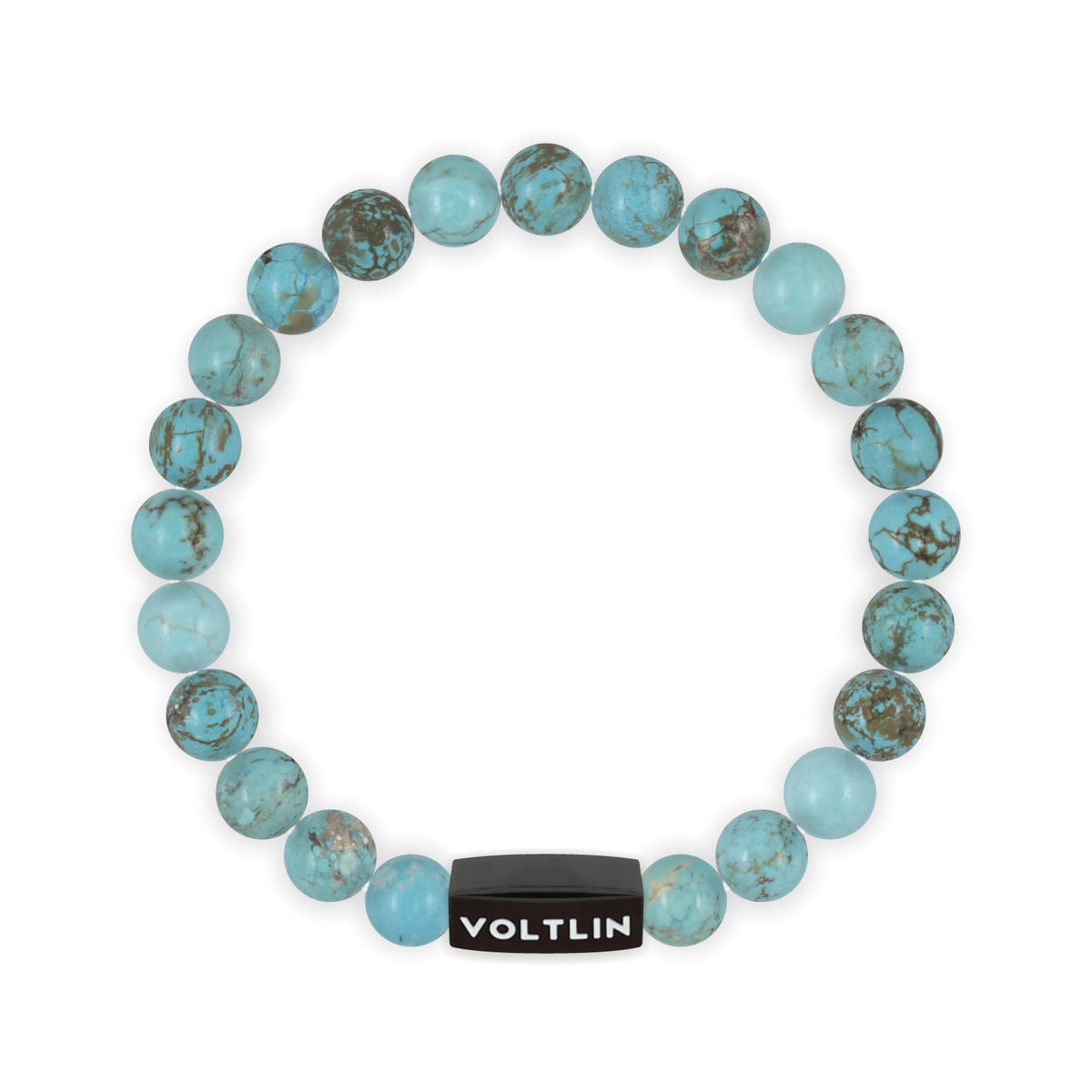 Top view of an 8mm Turquoise crystal beaded stretch bracelet with black stainless steel logo bead made by Voltlin