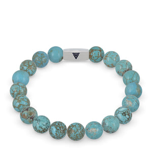 Front view of a 10mm Turquoise beaded stretch bracelet with silver stainless steel logo bead made by Voltlin