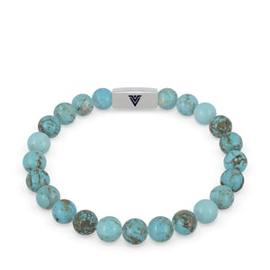 Front view of an 8mm Turquoise beaded stretch bracelet with silver stainless steel logo bead made by Voltlin