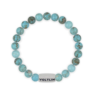 Top view of an 8mm Turquoise beaded stretch bracelet with silver stainless steel logo bead made by Voltlin