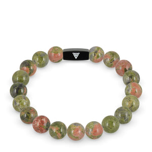 Front view of a 10mm Unakite crystal beaded stretch bracelet with black stainless steel logo bead made by Voltlin