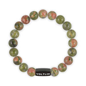 Top view of a 10mm Unakite crystal beaded stretch bracelet with black stainless steel logo bead made by Voltlin