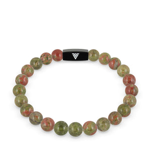 Front view of an 8mm Unakite crystal beaded stretch bracelet with black stainless steel logo bead made by Voltlin