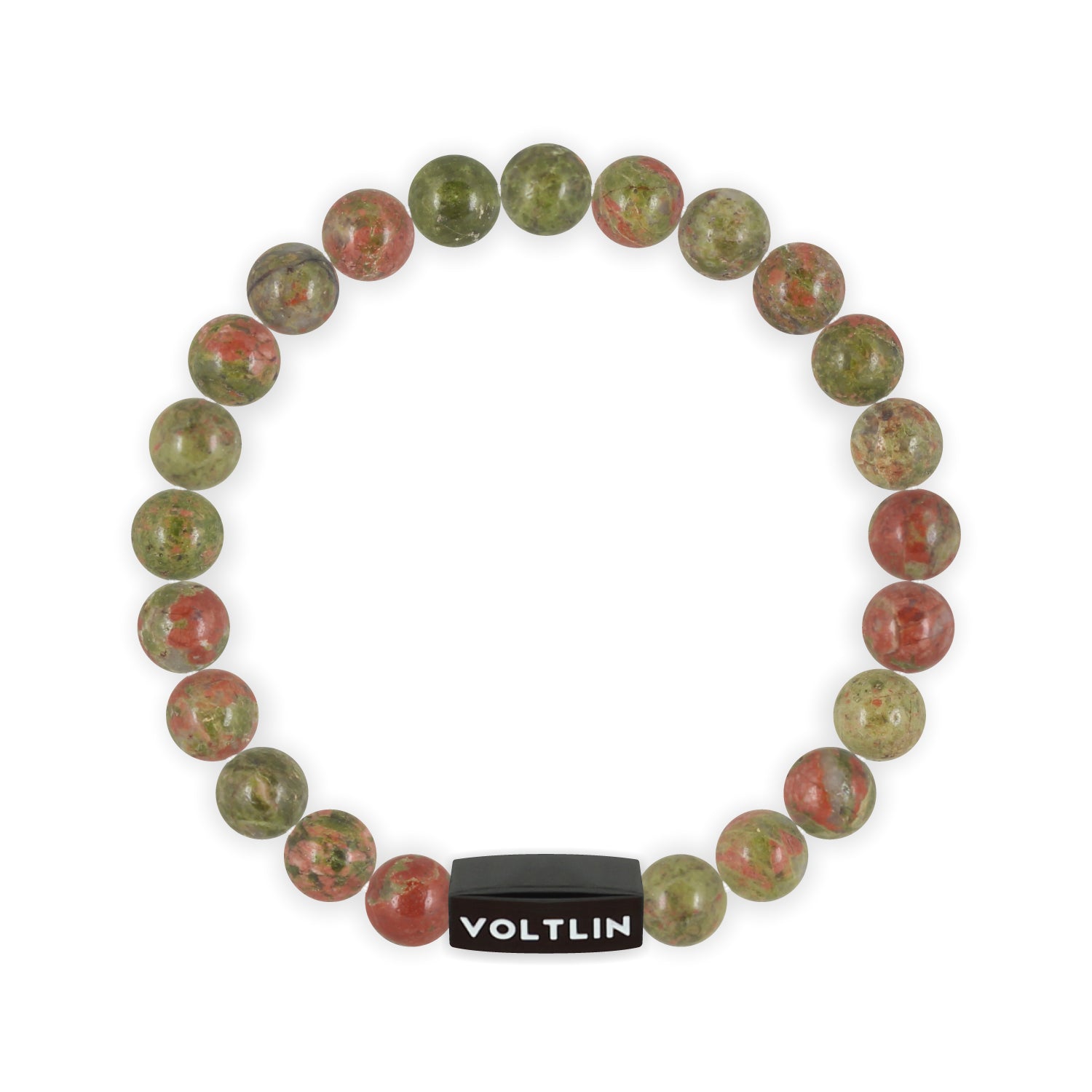 Front view of an 8mm Unakite crystal beaded stretch bracelet with black stainless steel logo bead made by Voltlin