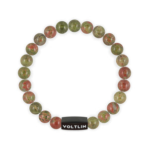 Top view of an 8mm Unakite crystal beaded stretch bracelet with black stainless steel logo bead made by Voltlin