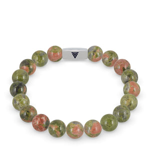 Front view of a 10mm Unakite beaded stretch bracelet with silver stainless steel logo bead made by Voltlin