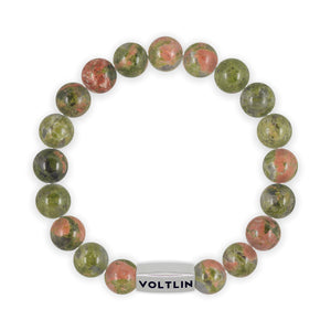 Top view of a 10mm Unakite beaded stretch bracelet with silver stainless steel logo bead made by Voltlin