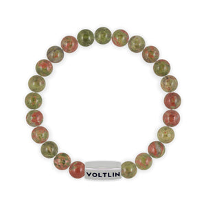 Top view of an 8mm Unakite beaded stretch bracelet with silver stainless steel logo bead made by Voltlin