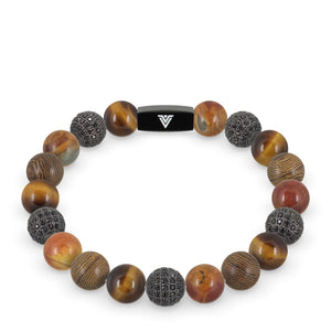 Front view of a 10 mm Umber Sirius beaded stretch bracelet featuring Yellow Tiger’s Eye, Black Pave, Red Creek Jasper, & Wood crystal and black stainless steel logo bead made by Voltlin