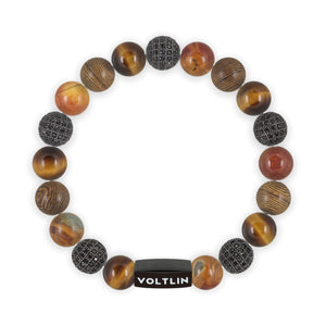 Top view of a 10 mm Umber Sirius beaded stretch bracelet featuring Yellow Tiger’s Eye, Black Pave, Red Creek Jasper, & Wood crystal and black stainless steel logo bead made by Voltlin