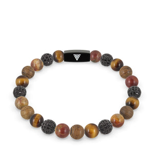 Front view of an 8mm Umber Sirius beaded stretch bracelet featuring Yellow Tiger’s Eye, Black Pave, Red Creek Jasper, & Wood crystal and black stainless steel logo bead made by Voltlin